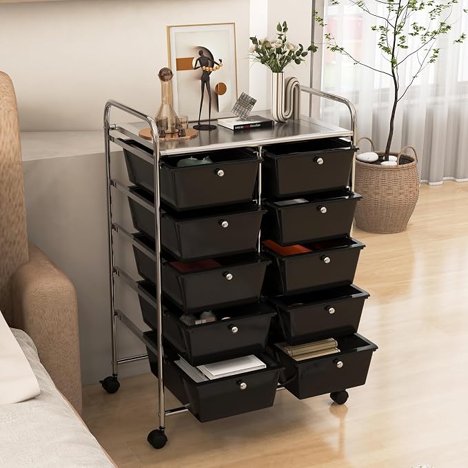 RELAX4LIFE Rolling Storage Cart with 10 Drawers - Craft Storage Cart with Lockable Wheels,Utility Cart, Art Cart Organizer for Crafting Storage, Studio, Office, Home, School Rolling Drawer Cart