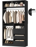 36 Inches Modular Closet Drawers System with Long Hanging Rods, 3FT Wood Closet Organiser with 3 Drawers, Walk-in Freestanding Wardrobe Storage Cabinet with 4 Shelves, Black (36"L x 15" W x 80" H)