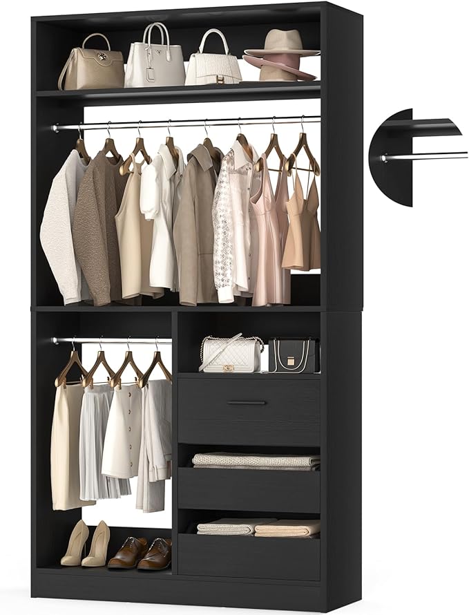 36 Inches Modular Closet Drawers System with Long Hanging Rods, 3FT Wood Closet Organiser with 3 Drawers, Walk-in Freestanding Wardrobe Storage Cabinet with 4 Shelves, Black (36"L x 15" W x 80" H)