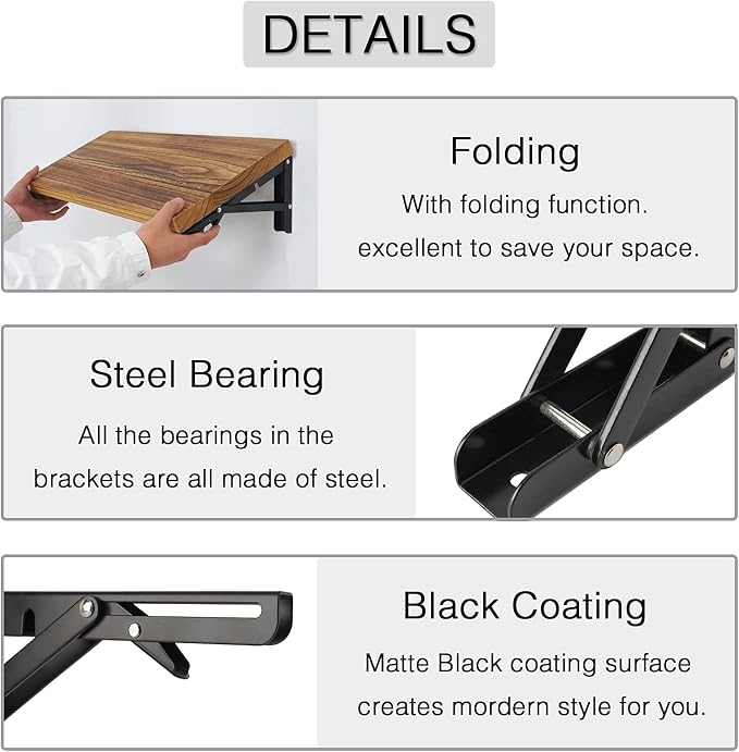 Folding Shelf Brackets - 16 Inch 2 Pcs Heavy Duty Stainless Steel Collapsible Triangle Shelf Bracket, DIY Wall Mounted Folding Table Hinge, Space Saving for Bench Table with Screws