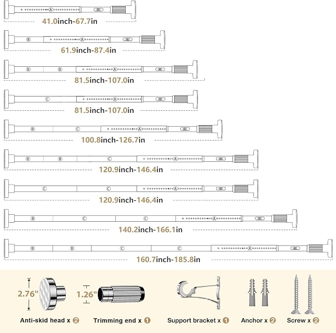 Silver Tension Curtain Rod 41-185In(4-15Ft), Extra LongOutdoor Curtain Rod No Drilling for Window or Patio, Heavy Duty Curtain Shower Rod for Bathroom,Rod Diameter 1.26In-One-bond stretching