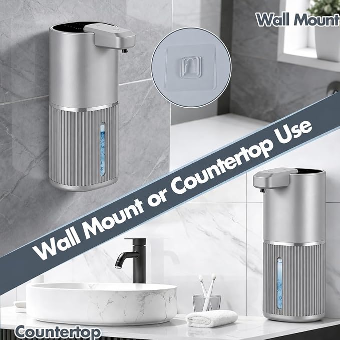 Automatic Soap Dispenser, Foaming Soap Dispenser Touchless with Continuous Dispensing, 4-Level Adjustable, Rechargeable Hand Soap Dispensers, Wall Mounted or Countertop for Bathroom & Kitchen