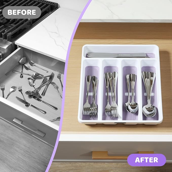 shopwithgreen Silverware Organizer with Cutlery Icons，Silverware Tray for Kitchen Drawer，Plastic Flatware Drawer Organizer Utensil Organizer with Non-slip TPR Linings，5-Compartment Silverware Caddy