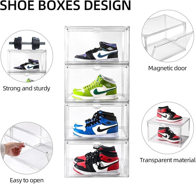 Clear Shoe Organizer,Stackable Shoe Display Case,Shoe Box Storage Bins with Magnetic Door,Fit Shoe Size Up to US 14 (X-Large-1Pack)