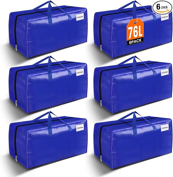 BlissTotes Moving Bags, Heavy Duty Moving Supplies & Storage Bags, Extra Large Packing Bags, Boxes with Tag Pockets, Collapsible Fold Flat Storage Totes, Alternative to Box and Bin, 76L, 6 Packs