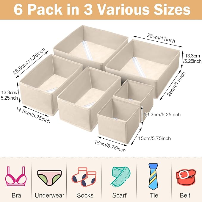 Potchen 24 Set Fabric Dresser Drawer Organizer Bins Dividers for Clothes – Nursery Home Bins Fabric Foldable Closet Clothing Wardrobe Storage Box Container Basket for Bras Socks Underwear(Beige)