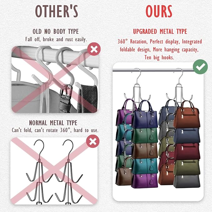Handbags Purse Organizer for Closet: Bag Rack Hanger with 10 Big Hooks - 360° Rotation Purse Hanger for Display - Collapsible Space Saving for Handbag Belt Scarve Tie - 1 Pack Silver