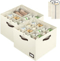 OIAHOMY 2 Pack Shoe Organizer for Closet, Large Foldable Shoe Storage Bins with Dividers and Reinforced Handles, Each Clear Cover Sneaker Box Fits Up to 16 Pairs for Entryway and Bedroom, Beige