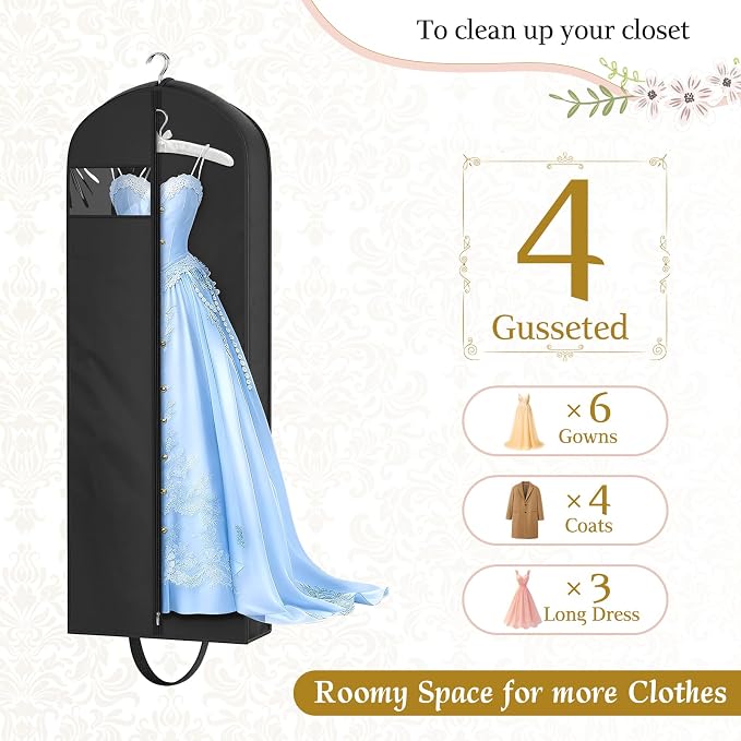 KEETDY Wedding Dress Garment Bag for Travel with 4" Gusseted Long Hanging Dress Bags for Gowns for Women Garment Cover Clothes Storage for Closet (Black, 65 inch)