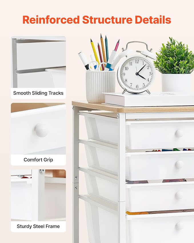 VEVOR Rolling Cart with Drawers, 5 Drawer Storage Organizer, Mobile Utility Cart with Wood Top, Steel Frame, Universal Casters & 2 Brakes, for Office, Classroom, Craft Supplies, Bedroom, Makeup, White