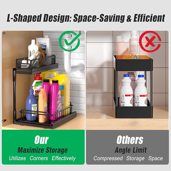 Under Kitchen Sink Pull Out Organizer, Pull Out Under Cabinet Organizer with 2 Tier for Kitchen Bathroom, Home Kitchen Storage Organization, Black, 2 Pack