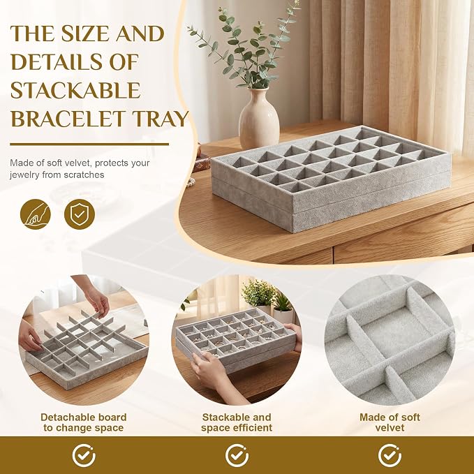 Unittype Set of 4 Stackable Jewelry Organizer Tray for Drawer Inserts Velvet Necklace Earring Bracelet Ring Holder Jewelry Display Storage Box for Bangle Stud Necklace Ring(24 Grid,Gray)