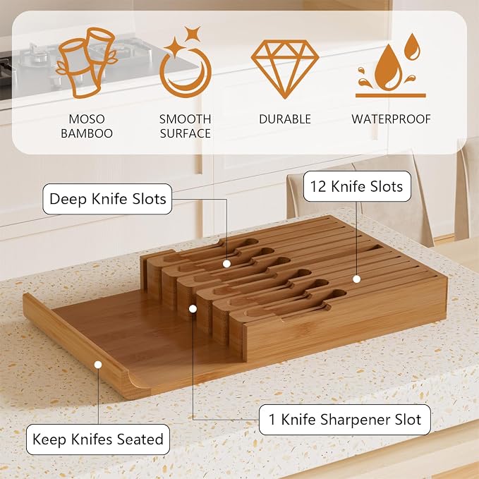 Domax Bamboo In-drawer Knife Block - Kitchen Knife Drawer Organizer Insert, Steak Knife Holder Without Knives, Drawer Knife Organizer Fits for 12 knives and 1 Sharpening Steel (Not Included), Walnut