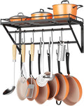 OROPY 23" Pot Rack Wall Mounted, Pot Organizer with 2 Tier Hanging Rails | Heavy Duty Pot and Pan Organizer with Storage Shelf & 12 S Hooks, Space Saving Hanging Pot Rack