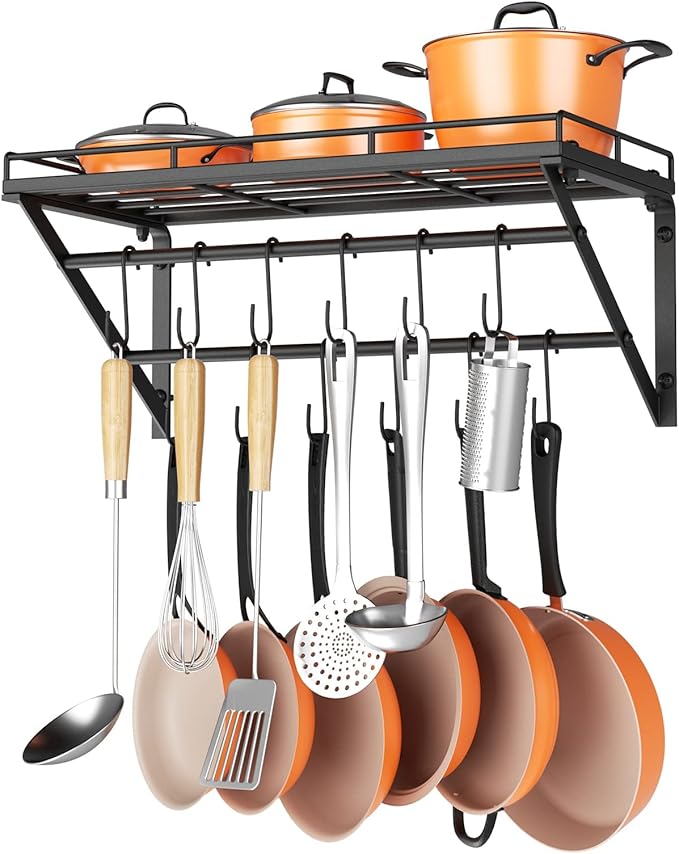 OROPY 23" Pot Rack Wall Mounted, Pot Organizer with 2 Tier Hanging Rails | Heavy Duty Pot and Pan Organizer with Storage Shelf & 12 S Hooks, Space Saving Hanging Pot Rack