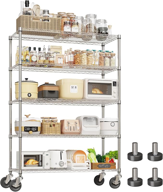 Garvee 5-Tier Metal Shelving with Wheels, Adjustable Storage Shelves Heavy Duty 2000LBS, Chrome Plating Utility Rack NSF Wire Shelving, for Kitchen, Garage, Pantry, Commercial, 47.2" Wx17.7 Dx70.9 H