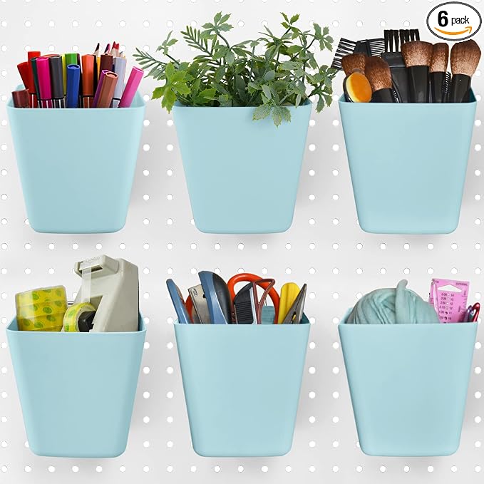 Large Pegboard Cups, 6Pack Peg Board Square Storage Bins With Hooks (Blue) | Big Open-Mouth Cups, 1/8" 1/4" Pegboard Organizer Accessories, Cup Holder for Craft Garage Workbench Office Tools Supplies