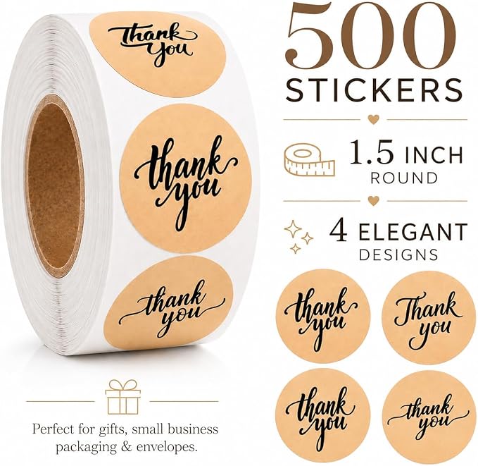 500 Thank You Stickers Roll – 1.5" Round Kraft Paper Labels with Black Script – Self-Adhesive Stickers for Small Business Packaging, Paper Bags, Gift Boxes & Envelopes