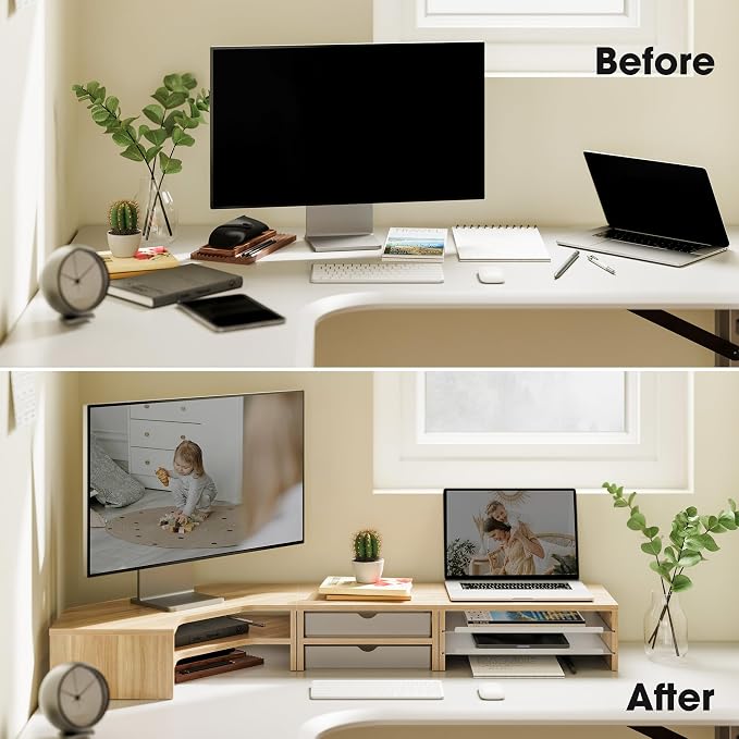 Fenge Dual Monitor Stand, 2-Tier Corner Monitor Riser with Drawer and Slide-out Tray, Triangle Desktop Shelf Organizer for Laptop Computer Printer Home Office Desk, Oak