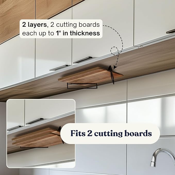 Under Cabinet Metal Cutting Board Rack - 2 Layer Vertical & Horizontal Hanger - Heavy Duty Cutting Board Holder