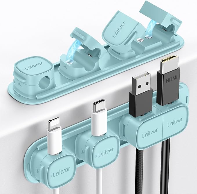 6 Pack Magnetic Cable Clips [1s Open/Lock], Cord Organizer Holder | Strong Adhesive Desk Cable Management- Organize Charging Cords Neatly for Home, Office, Car,Desk, Nightstand-Blue
