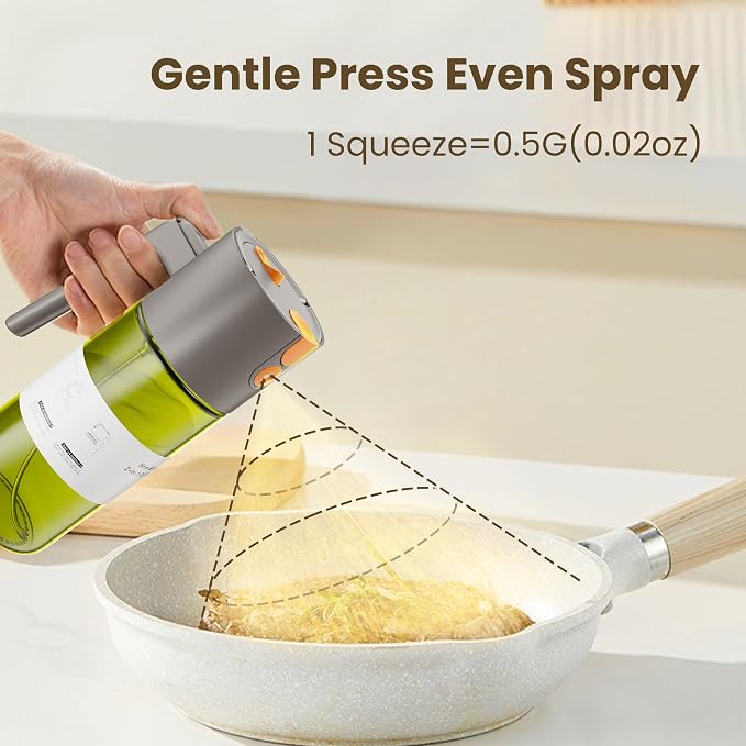 LAKUMIQI 2 in 1 Oil Sprayer & Dispenser, 17 oz Light-Blocking Glass Bottle | Large Capacity, Wide-Mouth for Easy Pouring and Cleaning, Leak-Proof Oil Bottle with Stickers for Salads, Air Fryers, BBQ