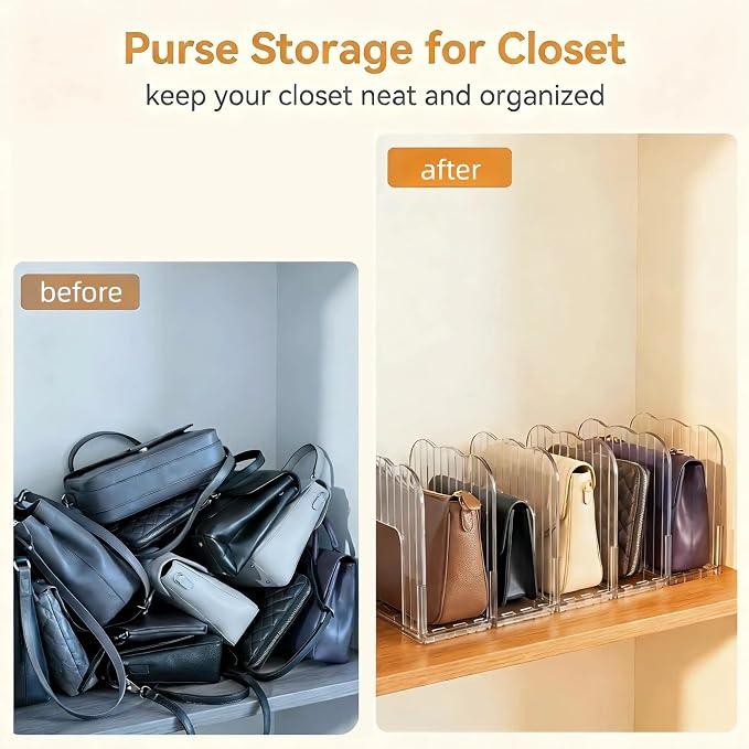 2 Pack Purse Organizer for Closet Clear Acrylic Shelf Dividers for Large Small Bag Pocket Book Clutch, Expandable Handbag Organizer for Display & Storage, 8-Slot Purse Holder Max Length 24''