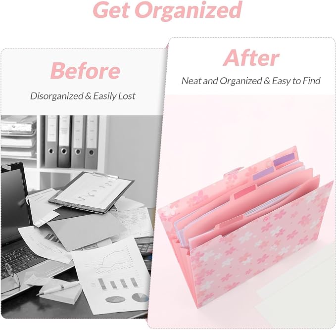 SKYDUE Pink Expanding File Folder with 5 Pockets, Cute Accordion File Organizer, Portable Receipt Paper Documents Organizer, Letter Size Filing Folder School Office Supplies
