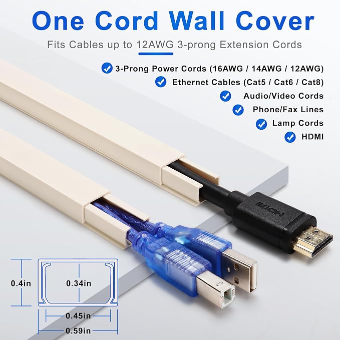 ZhiYo Cord Hider Wall for One Cord, 68in Cord Covers for Wires on Wall, Easy Install Cable Cover Wall, Cable Raceway Hide Cords, Cable Hider Cord Management Wall, 4X L17in W0.6in H0.4in Beige