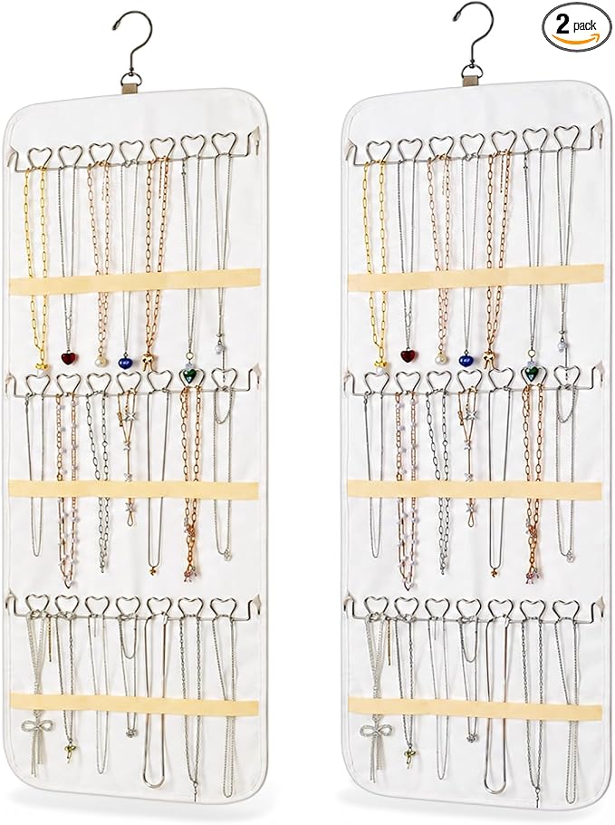 2 Pack Hanging Jewelry Organizer Storage with 48 Pockets and Hooks Dual-Sided Hanging Jewelry Organizers and Storage Hang on Closet, Wall, Door for Earrings, Necklaces, Rings,Beige