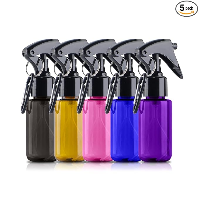 TANSHINE Small Spray Bottle 50ml, Travel Size Mini Fine Mist Water Spray Bottles, Portable Hand Sanitiser Alcohol Spray Bottle, Plastic Refillable Empty Face Mister Spray Bottles with Clip, 5pcs