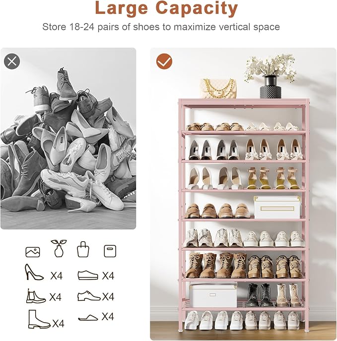 8-Tier Tall Shoe Rack Organizer Shoe Storage for Entryway 24-32 Pairs Metal Shoe Rack for Closet Heavy-Duty Shoe Rack with Wooden Top Shelf for Garage Pink