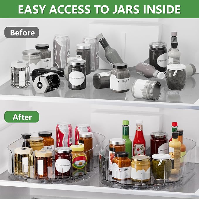 Lazy Susan Organizer for Refrigerator, 13" x 8.5" Clear Rectangular Fridge Organizer Turntable for Condiments, Spice Racks Organizer for Cabinet, Pantry & Kitchen Countertop(2 Piece)