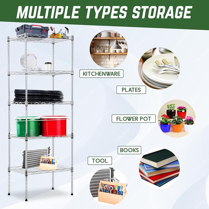 PayLessHere | 5-Tier Wire Shelf | 17"x12"x48" | Chrome | Adjustable Racks | Heavy-Duty Storage Shelves, Holds Upto 750 lbs | Rust-Resistant, No-Tool Assembly | for Home, Garage Shelving