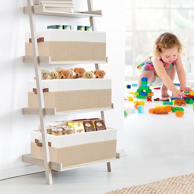 Closet Organizer Bins 3 Pack, Large Storage Bins for Shelves, Foldable Closet Storage Boxes Baskets with Leather Handles for Organizing Clothes, Sheets, Jeans, Toys, Books（Begie）