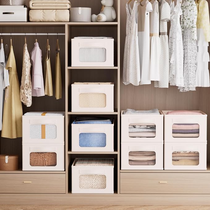 Linen Closet Organizers and Storage 4 Packs-Fabric Storage Bins with Clear Windows,Closet Baskets for Organizing Clothes, Pants, Towels