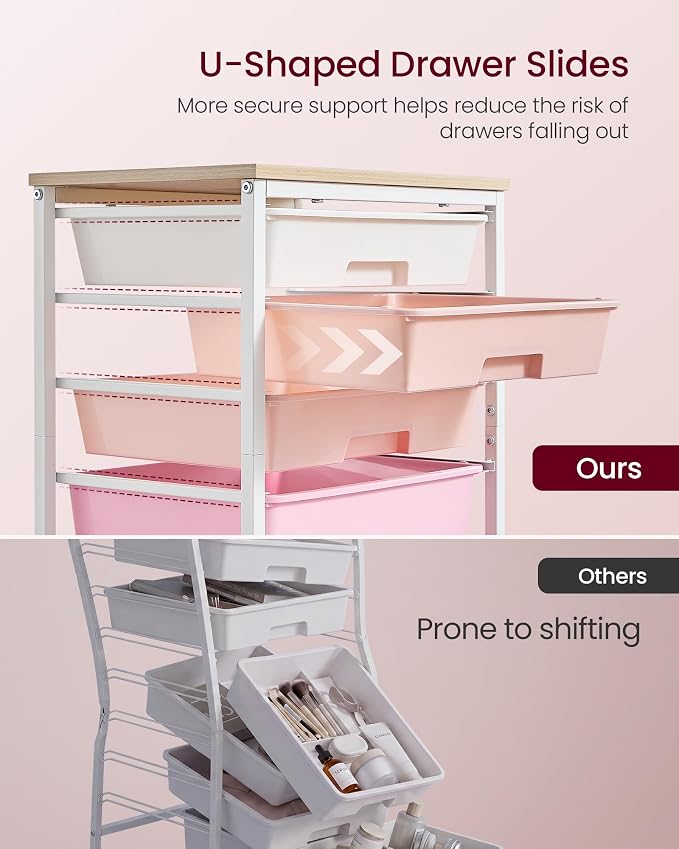 VASAGLE 5-Drawer Rolling Storage Cart, Mobile Organizer Trolley with Wood Top and Metal Frame, for Craft Room, Office, 15.6 x 11.2 x 24.8 inch, Pink, BENCO Collection ULRC005S101