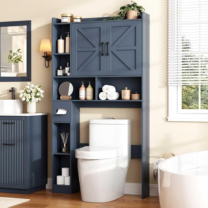 Vabches Over The Toilet Storage Cabinet with 2 Barn Doors, Blue | Farmhouse Storage Cabinet with Toilet Paper Holder Stand，Home Space-Saving Toilet Rack, for Bathroom, Restroom, Laundry