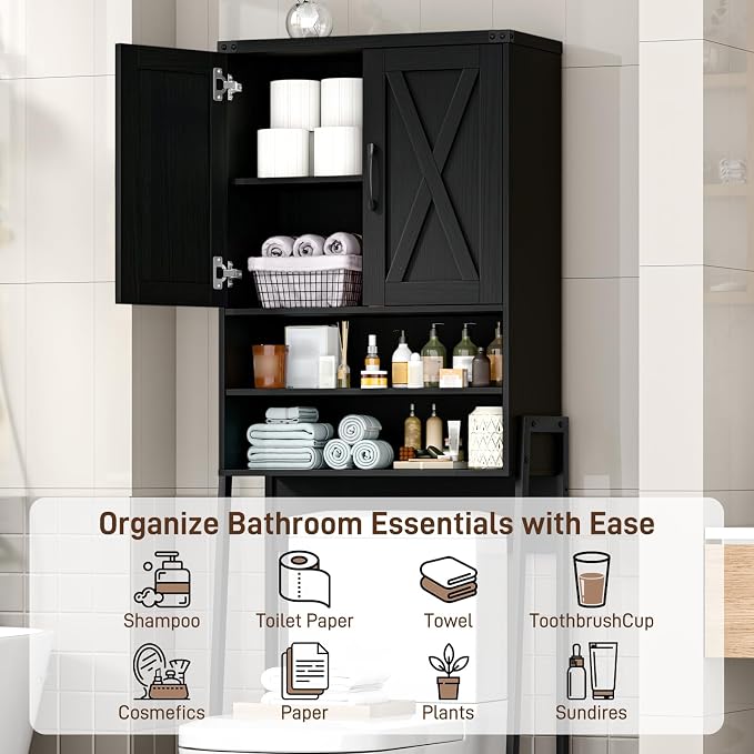 Vabches Over The Toilet Storage Cabinet, Farmhouse Over Toilet Storage Cabinet, Metal Frame with 2 Barn Doors, Home Space-Saving Toilet Rack for Bathroom, Toilet, Laundry Room,Black