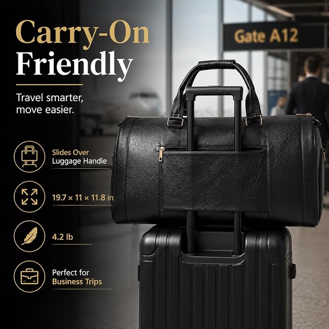 Garment Bag for Travel, Convertible Suit Garment Bag for Men, Stylish Carry On Garment Bag with Shoulder Strap, 2 in 1 Foldable PU Leather Garment Duffle Bag Suit Travel Bag for Men, Black