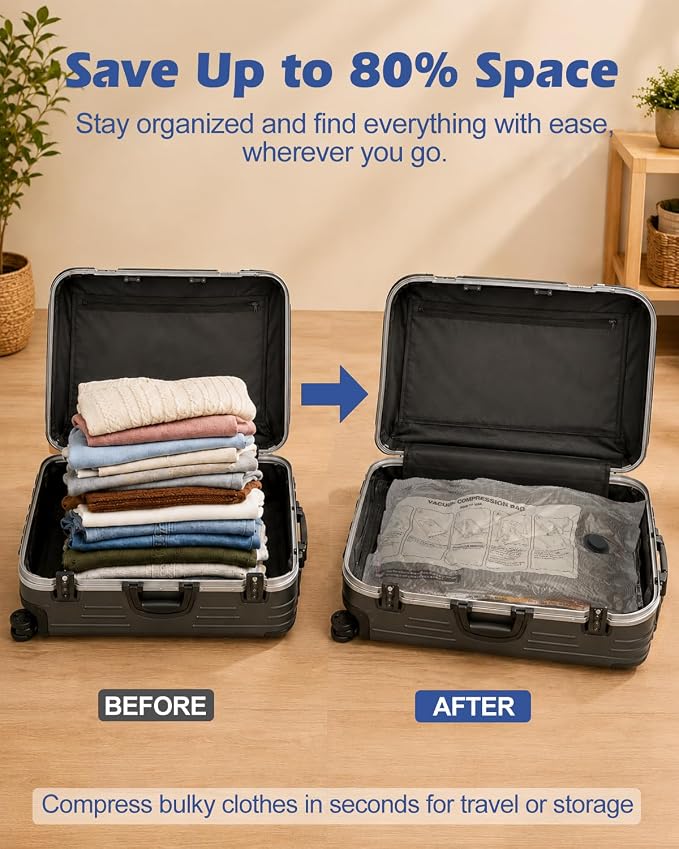 Fantictas Travel Vacuum Bags with Pump, 12 Pack Small Vacuum Storage Bags for Clothing, Travel Lugggage and Suitcase 80% Space Saver Vacuum Seal Bags for Clothing, Comforters
