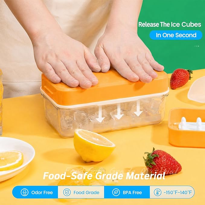 0.8“ Ice Cube Tray with Lid and Bin, PHINOX 84 Cubes Ice Trays for Freezer, Ice Cube Trays for Freezer with 3 trays, Container, Lid & Ice Scoop, BPA Free, Yellow(28Cubes/Tier)