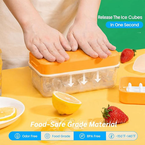0.8“ Ice Cube Tray with Lid and Bin, PHINOX 84 Cubes Ice Trays for Freezer, Ice Cube Trays for Freezer with 3 trays, Container, Lid & Ice Scoop, BPA Free, Yellow(28Cubes/Tier)