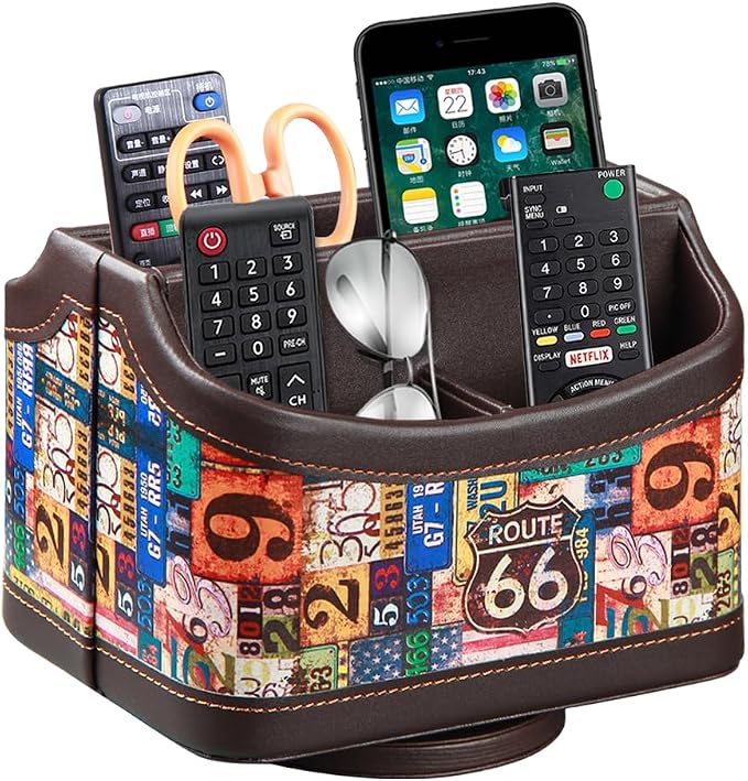 PUSU Remote Control Holder,Colorful Pattern Nightstand TV Caddy,Pen Holder | PU Leather 360 Degrees Rotatable Desktop Organizer Storage Box for TV Remotes/Media Controllers/Office Supplies/Mail