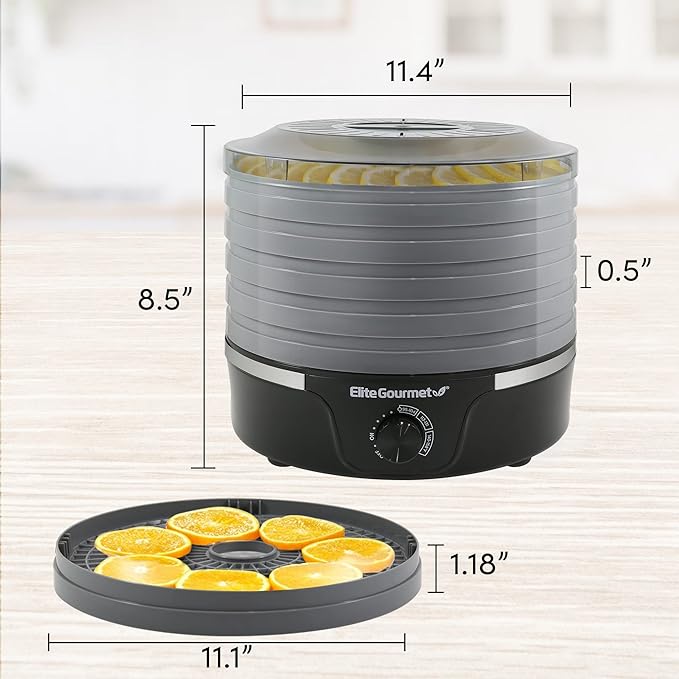 Elite Gourmet EFD319DKG Food Dehydrator, 5 BPA-Free 11.4" Trays Adjustable Temperature Controls, Jerky, Herbs, Fruit, Veggies, Dried Snacks, Black and Grey