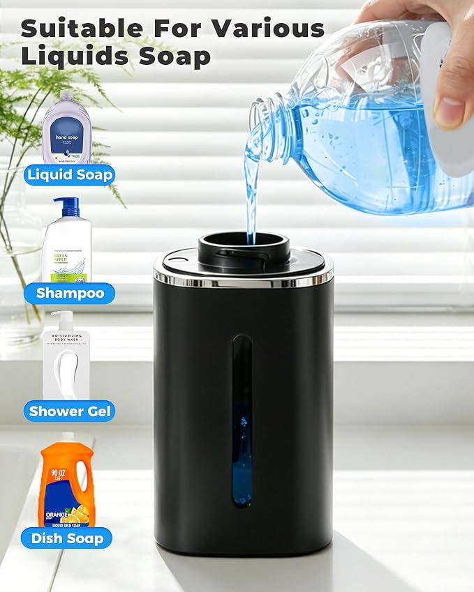 Automatic Soap Dispenser, USB Rechargeable, Touchless & Wall/Tabletop | 13.5oz/400mL, 9-Level Adjustable, IPX5 Waterproof，Compatible with Thick Thin Dish Soap for Kitchen Bathroom, Black