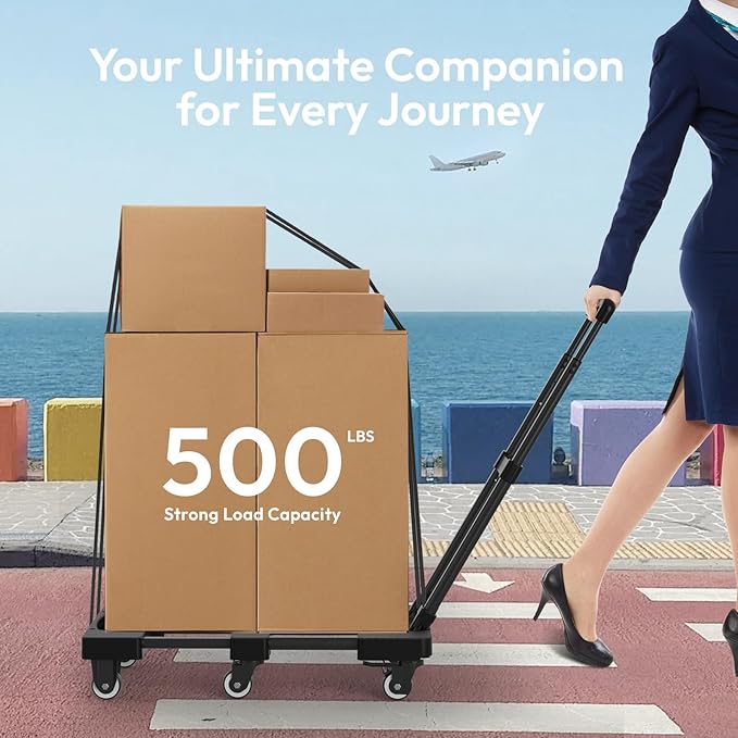 Voipvvii Folding Hand Truck 500lbs, Portable Heavy Duty Dolly Cart, 6 Wheels Collapsible Luggage Cart with 2 Elastic Ropes - Compact Trolley Cart for Easy Moving - Ideal Hand Cart for Travel and More