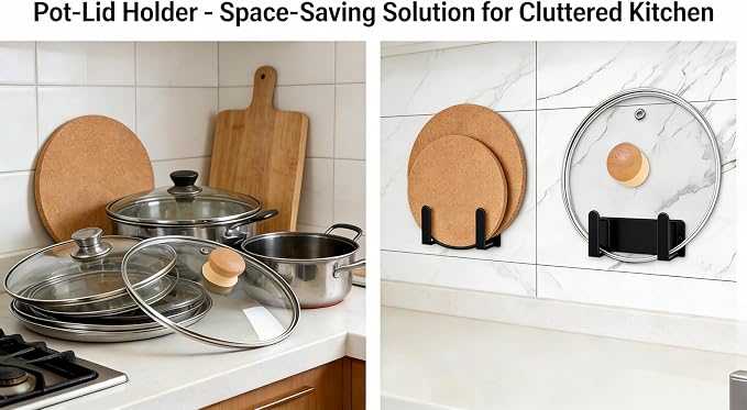Black Stainless Steel Cutting Board & Pot Lid Organizer | Black rack mount under cabinet or wall; dual install kits, storage for cutting boards, pot lids and bathroom scale