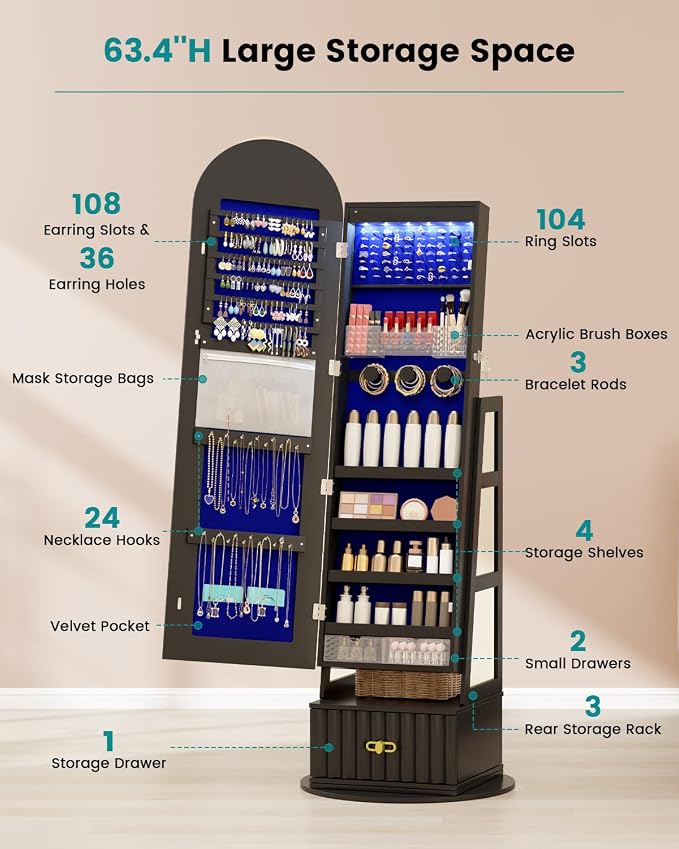 Vlsrka Arched LED Mirror Jewelry Cabinet with Full Length Mirror, Black | Lockable Jewelry Armoire Cabinet, 360° Swivel Jewelry Organizer with Drawer Storage, Foldable Makeup Shelf, 2 Rear Hooks
