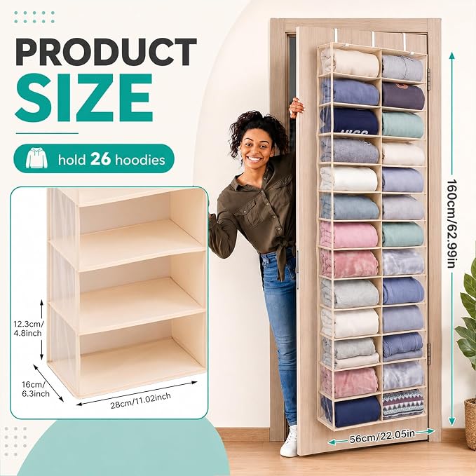 Over The Door Hoodie Organizer 26 Clear Pocket Sweatshirt Organizer with 3 Hooks Hanging Sweatshirt Hoodie Rack Holder Cabinet Behind The Doors for Dormitory Bedroom Closet Storage(Beige)